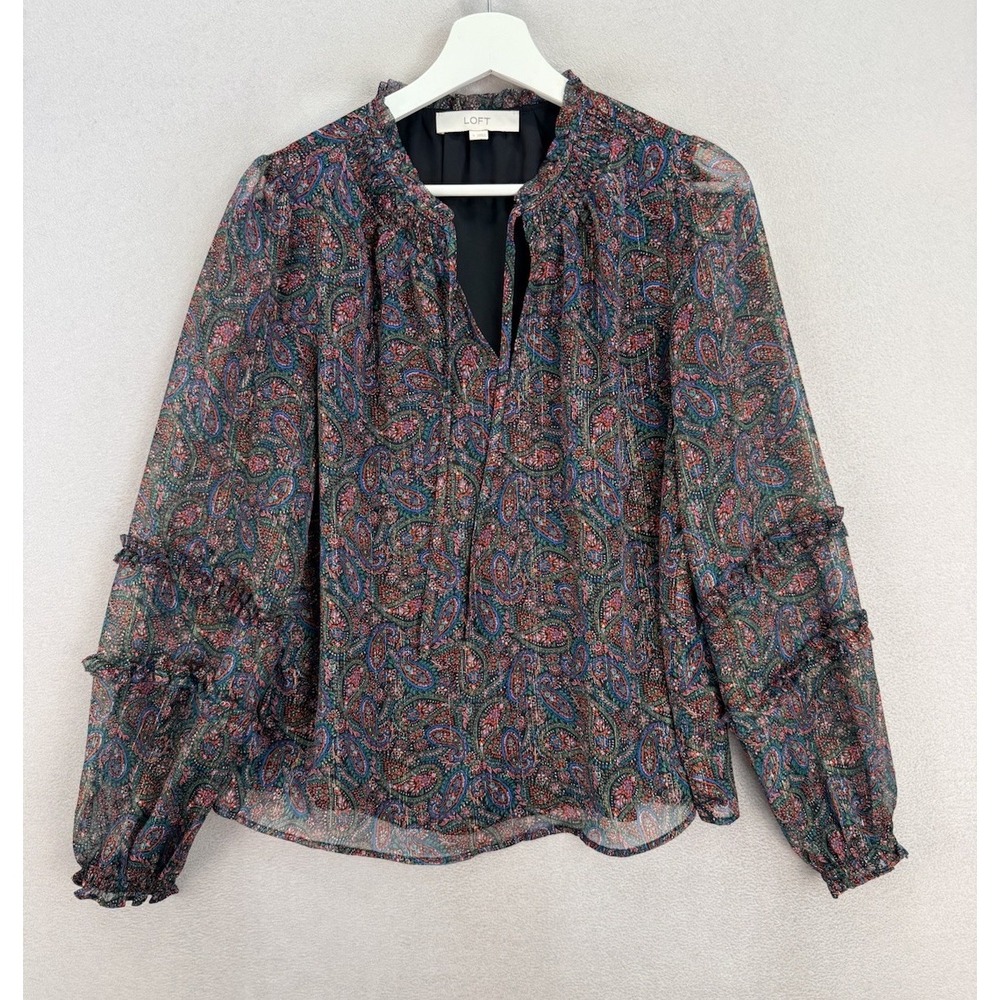 Loft Women's Sz S Multicolor Floral Paisley Prints Ruffle‎ Neck Tie Cuff Blouse